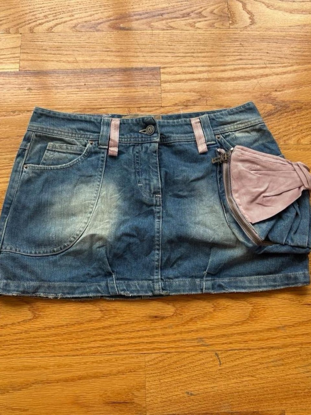 Galliano Denim Mini Skirt with Pink bow